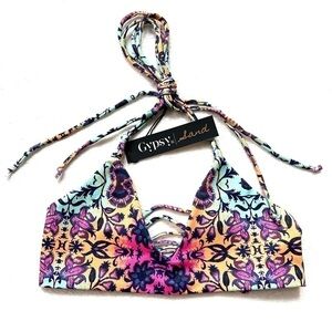 NWT Gypsy 05 Sand Multicolor Strappy Boho Swim Top Mosaic